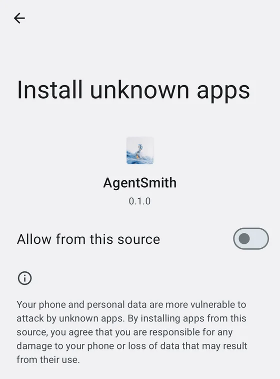 Android's Install unknown apps screen for AgentSmith, with the Allow from this source switch