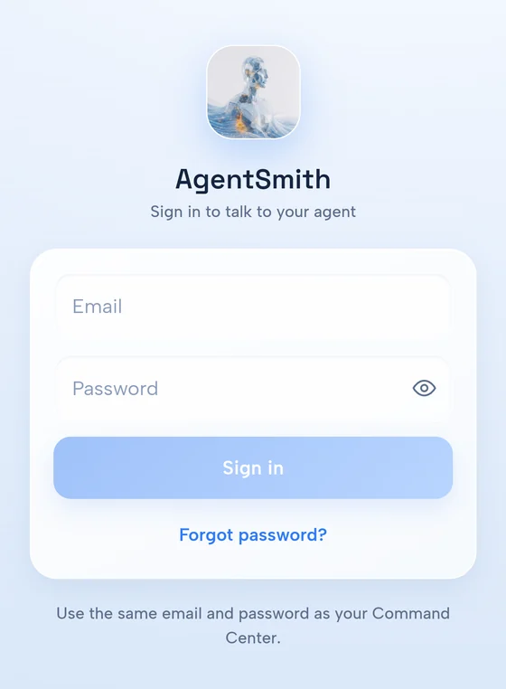 The AgentSmith sign-in screen, with Email and Password fields, a Sign in button and Forgot password?
