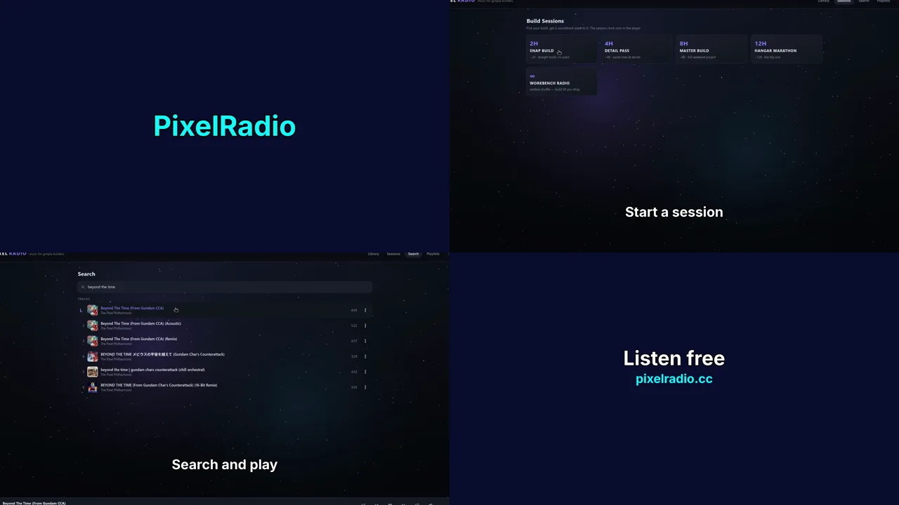 Four frames from a studio edit: a title card, two app screens with captions and an end card