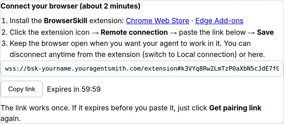 The pairing link panel with a Copy link button and an expiry countdown