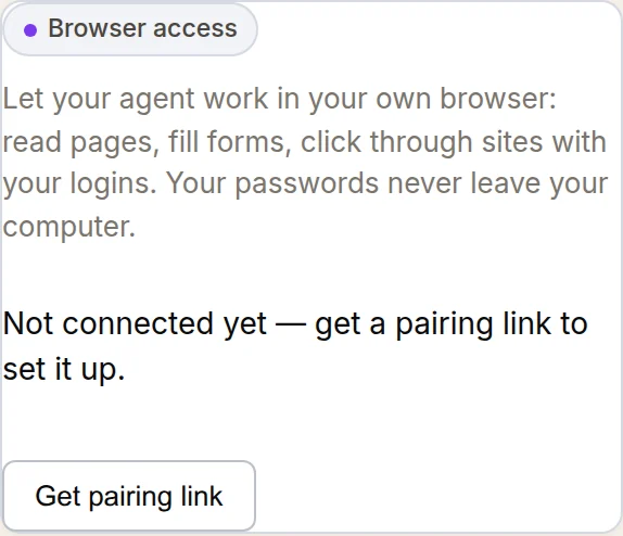 Command Center Browser access card with the Get pairing link button