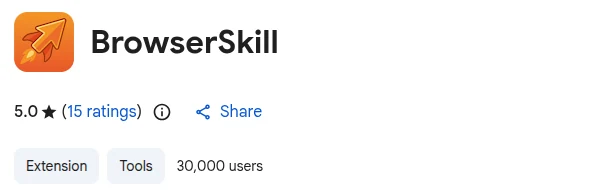 The BrowserSkill listing in the Chrome Web Store, with the orange rocket icon